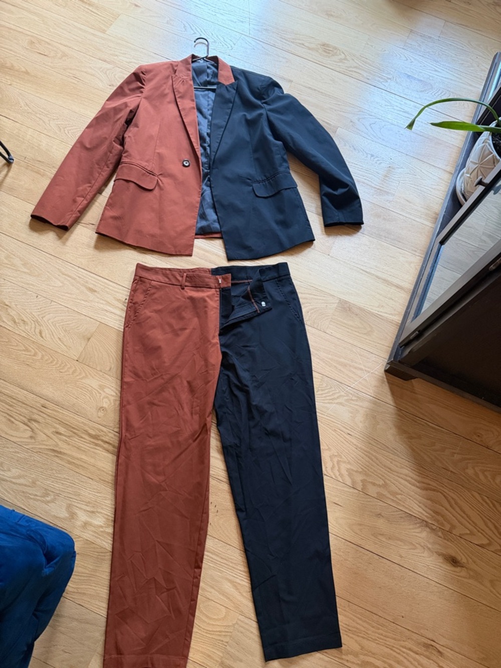 SHEIN Two-Tone Rust and Black Colorblock Suit Jacket & Pants